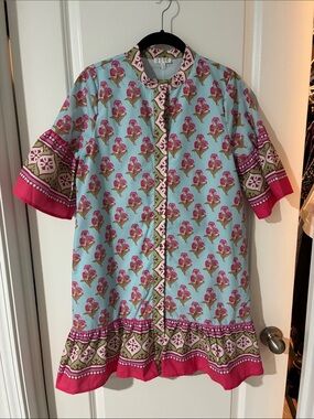 Ice Blue Floral Dress with Pink Border